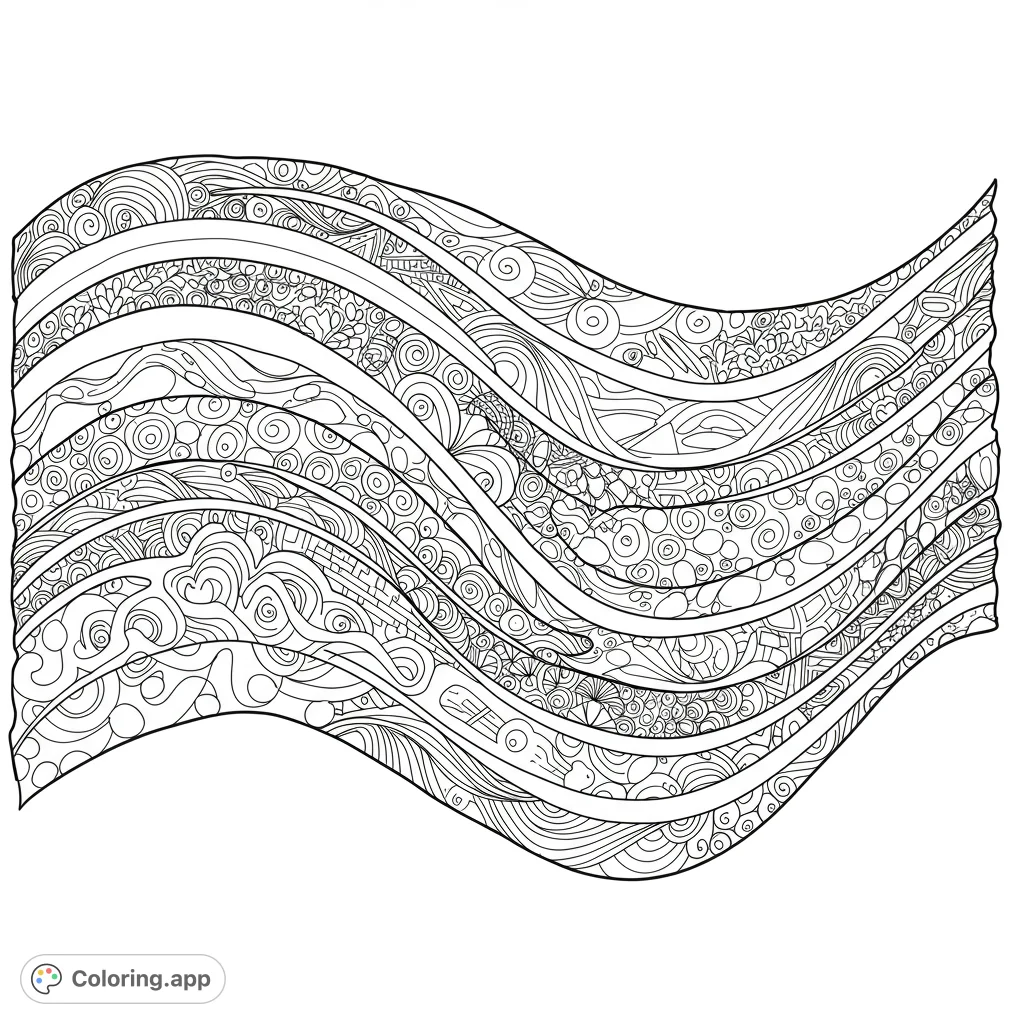 An intricate wavy abstract coloring page featuring diverse patterns within flowing bands. A free printable coloring page for adults and kids.