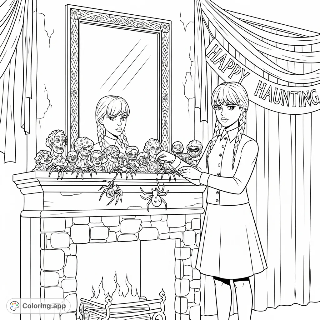 Wednesday Addams meticulously arranges shrunken heads and spiders on a mantelpiece, reflected in an ornate mirror, with a 'Happy Haunting' banner.