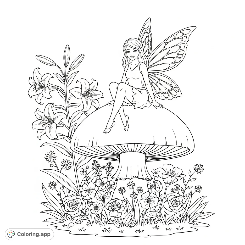 A magical scene featuring a charming fairy perched on a mushroom, surrounded by a delightful garden of diverse flowers and lush foliage. Perfect for fantasy lovers.