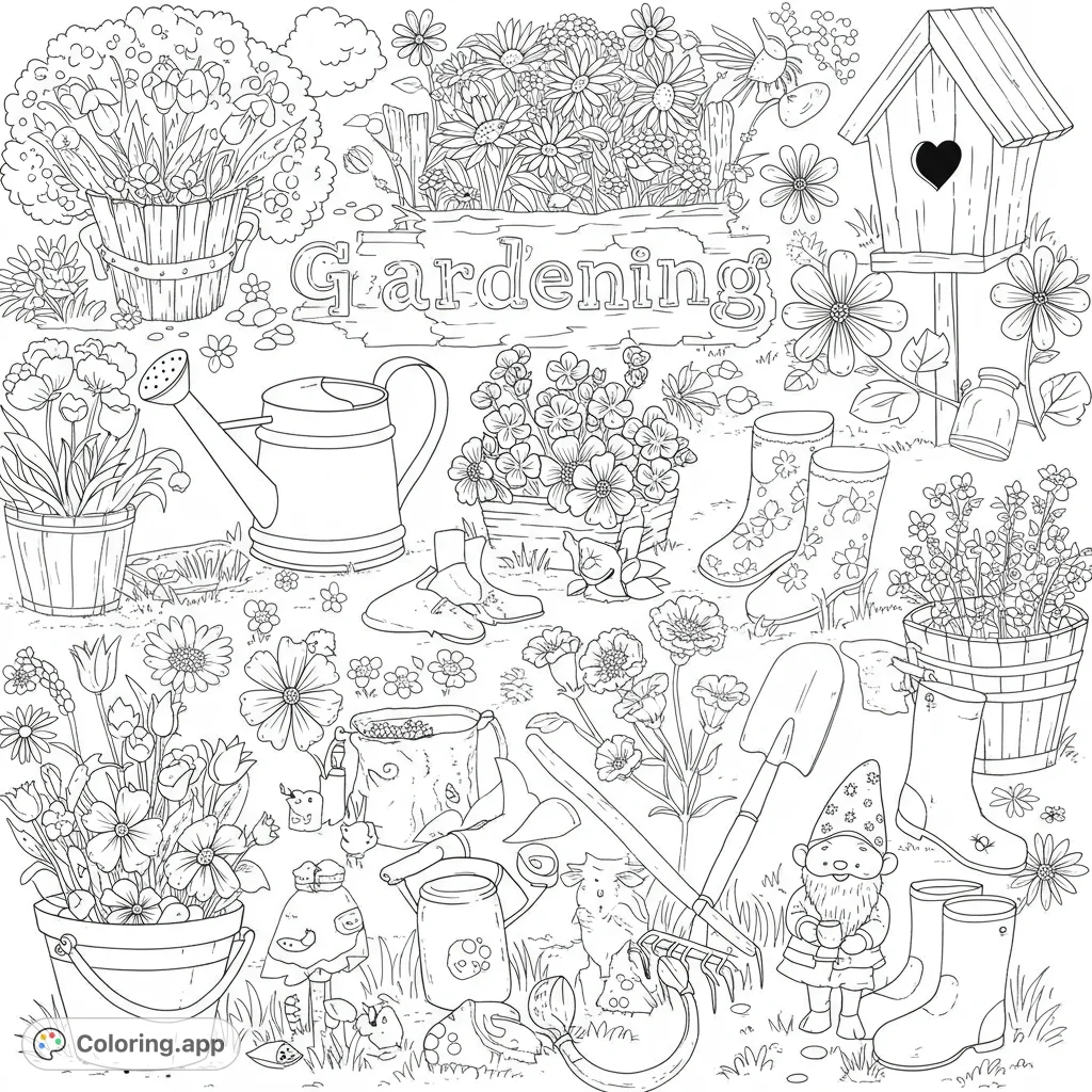 Explore a delightful gardening coloring page featuring various plants, tools, a gnome, and a birdhouse. A free printable coloring page for all ages.