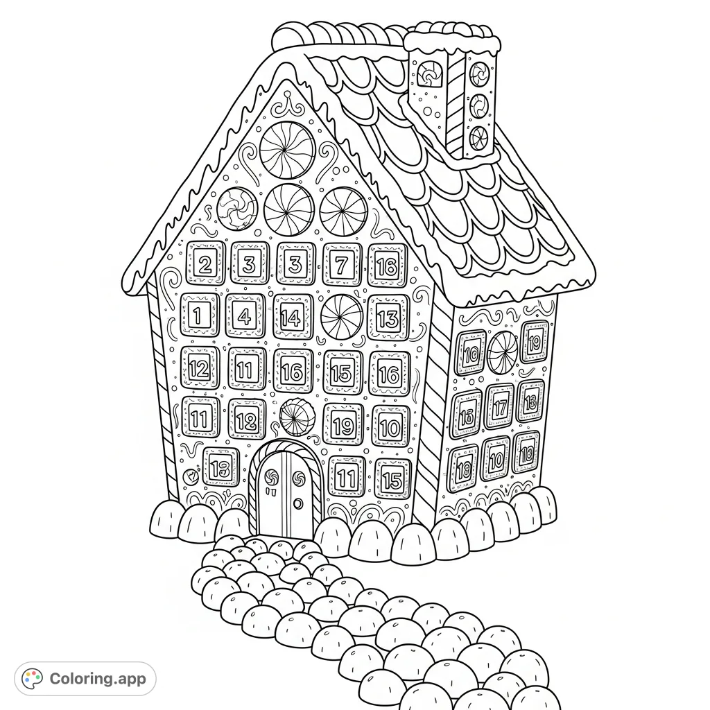 Discover a charming gingerbread house serving as an advent calendar, featuring intricate icing, candy canes, numbered windows, and a gumdrop path. Perfect for festive coloring!