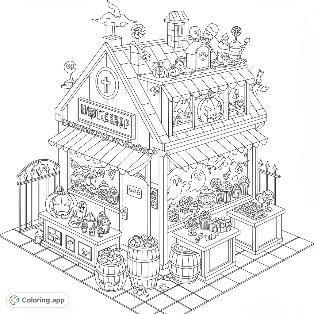 Step into a whimsical Halloween candy shop coloring page, brimming with spooky treats, pumpkins, ghosts, and delightful details for endless creative fun!