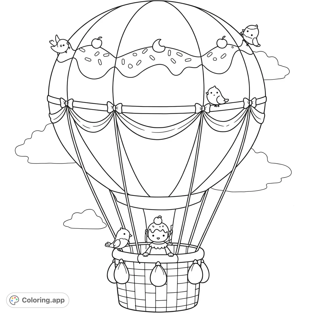 A delightful hot air balloon adorned with sweet treats, carrying a cute character and friendly birds through fluffy clouds. Perfect for a whimsical adventure.