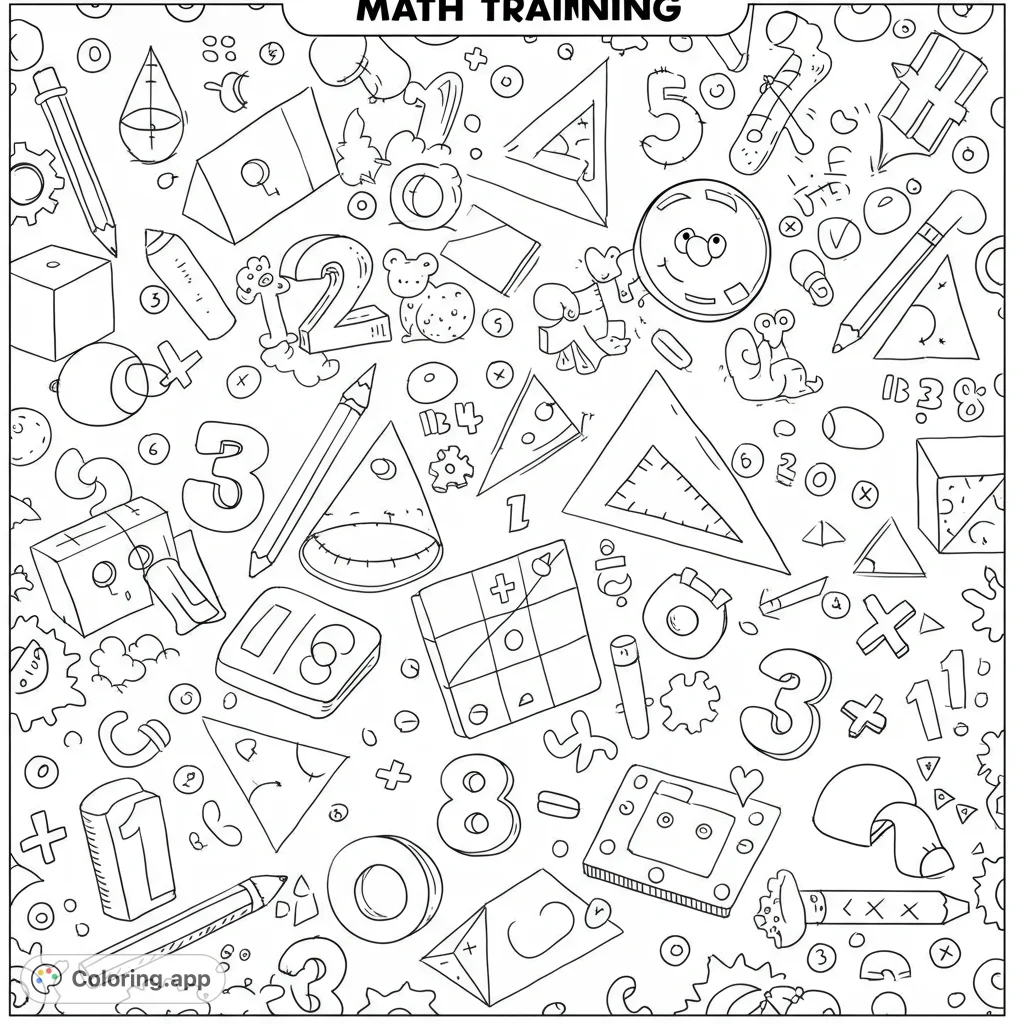 Explore a fun math coloring page featuring numbers, shapes, and school tools. A free printable coloring page for kids and adults to learn and relax.