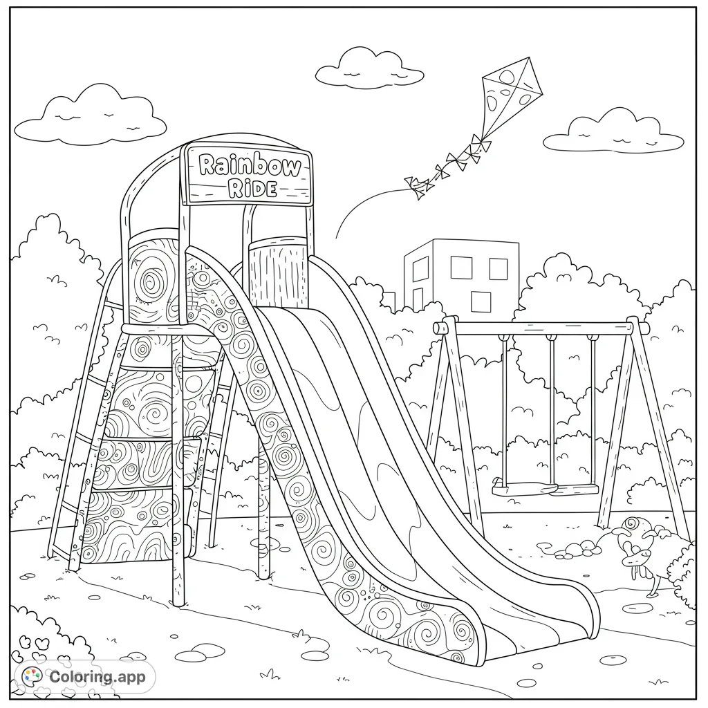 A delightful playground scene with a large slide, swing set, and flying kite, perfect for a fun outdoor coloring adventure.
