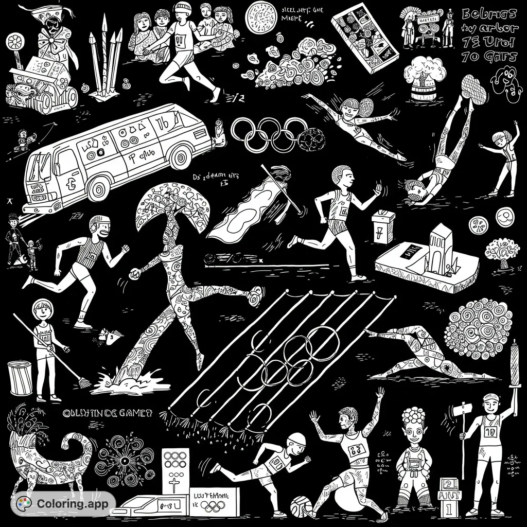 A whimsical sports-themed coloring page featuring runners, swimmers, Olympic rings, and quirky abstract elements for creative fun.