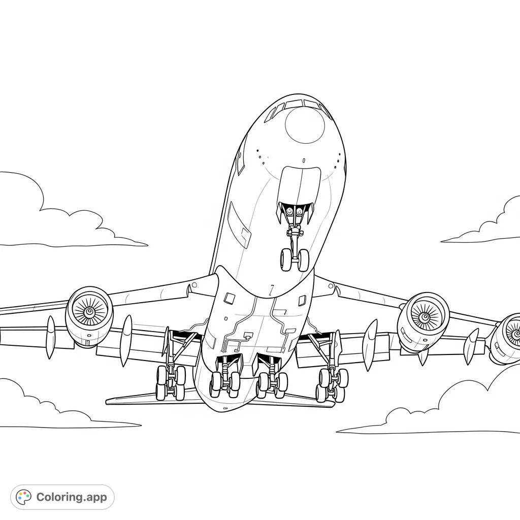 A detailed coloring page featuring a wide-body aircraft with its landing gear fully extended, showcasing simplified structural components in the gear bays against an open sky.