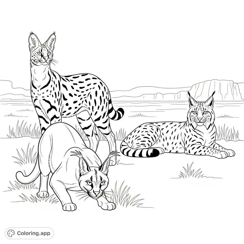Detailed coloring page featuring a regal serval, a focused caracal, and a relaxed lynx in a balanced group composition against a minimalist savanna backdrop.
