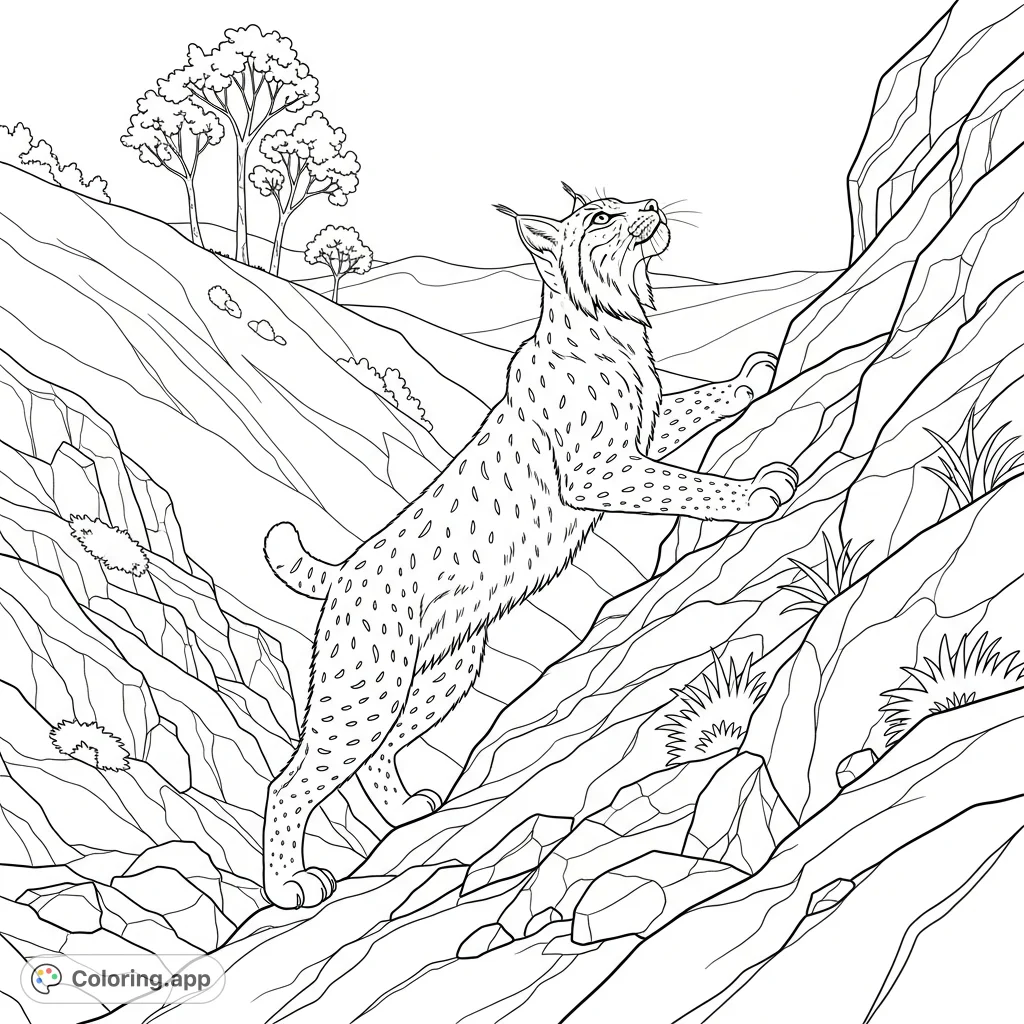 A majestic lynx navigates a rugged rocky hillside with powerful grace. This detailed coloring page features intricate rock formations and minimal background trees.