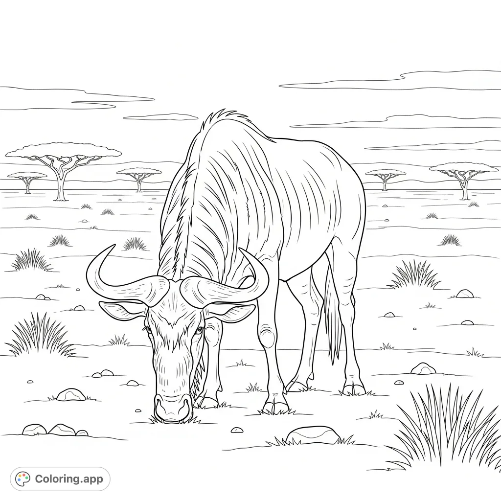 A majestic wildebeest gracefully grazes in an expansive savanna, featuring its distinctive horns, mane, and the vast, grassy landscape.