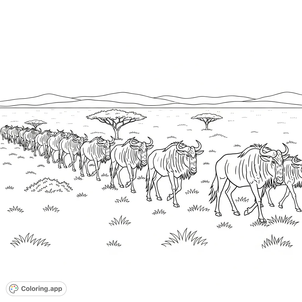 An engaging coloring page featuring a herd of wildebeests migrating across the vast African savanna, highlighting their distinctive forms and the expansive landscape.