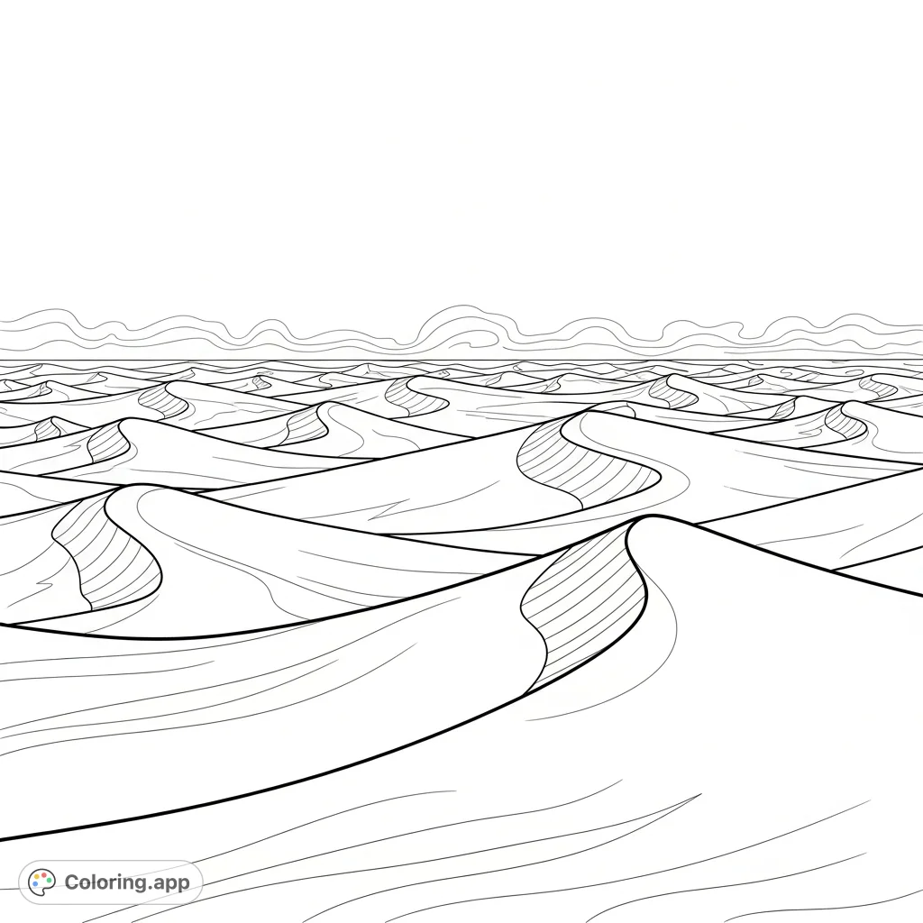 Explore a vast, wind-sculpted sand-dune field stretching towards a distant horizon, where heatwaves create a softly blurred skyline with simple, flowing curves.