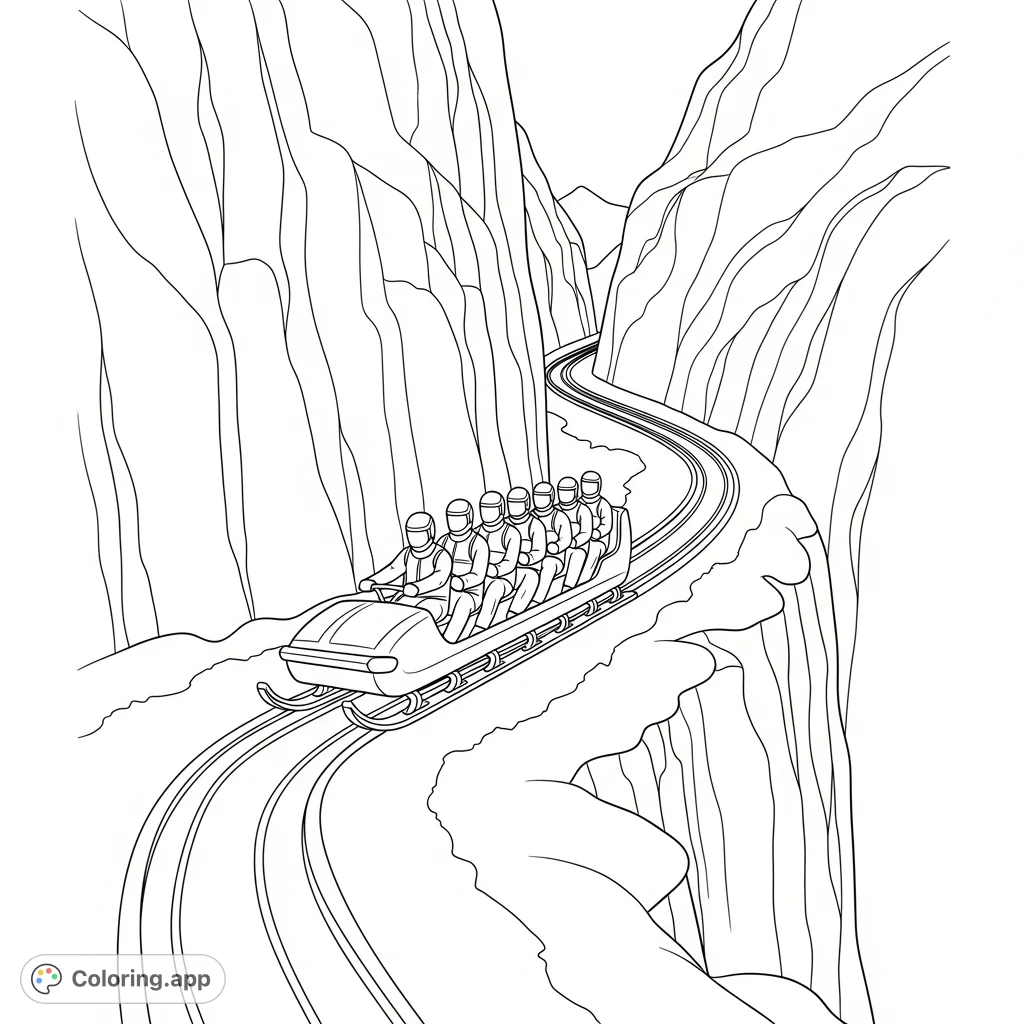 A dynamic long-track sled navigates a narrow, snow-dusted mountain pass with simplified cliffs. Perfect for an adventurous coloring escape.