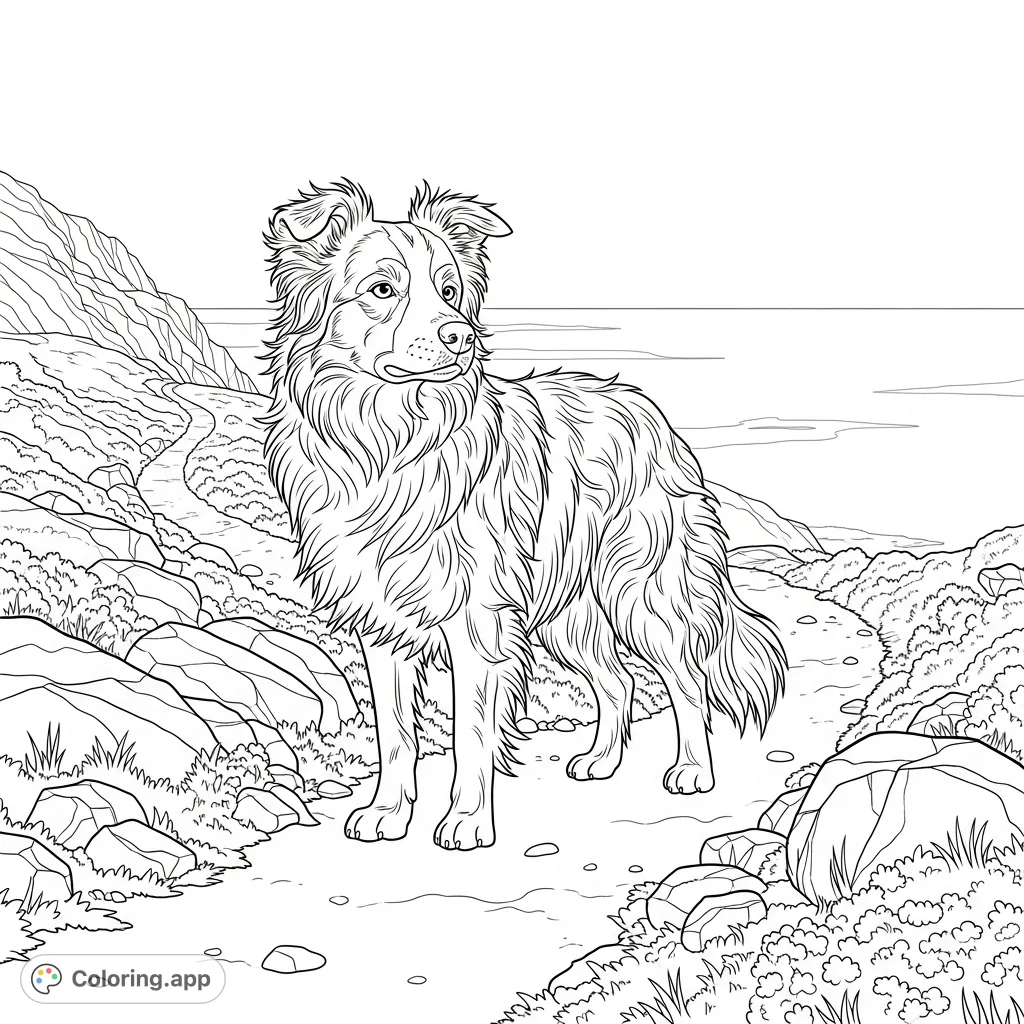 A majestic Border Collie stands on a windswept cliffside trail overlooking the ocean, its fur ruffled by the breeze. Perfect for dog lovers.