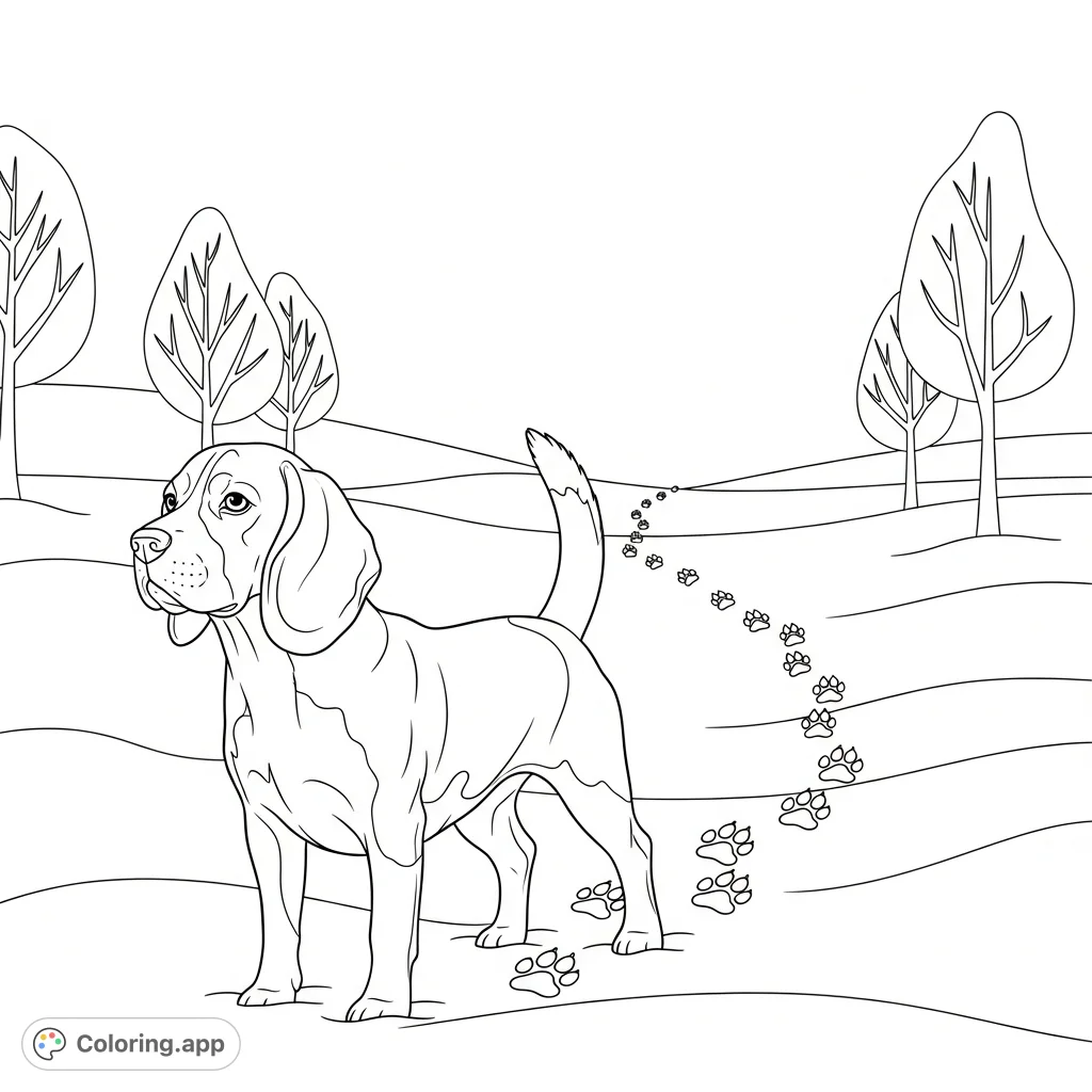 A charming beagle explores a serene, snowy landscape, leaving distinct paw prints behind. Simple winter trees complete this peaceful scene.