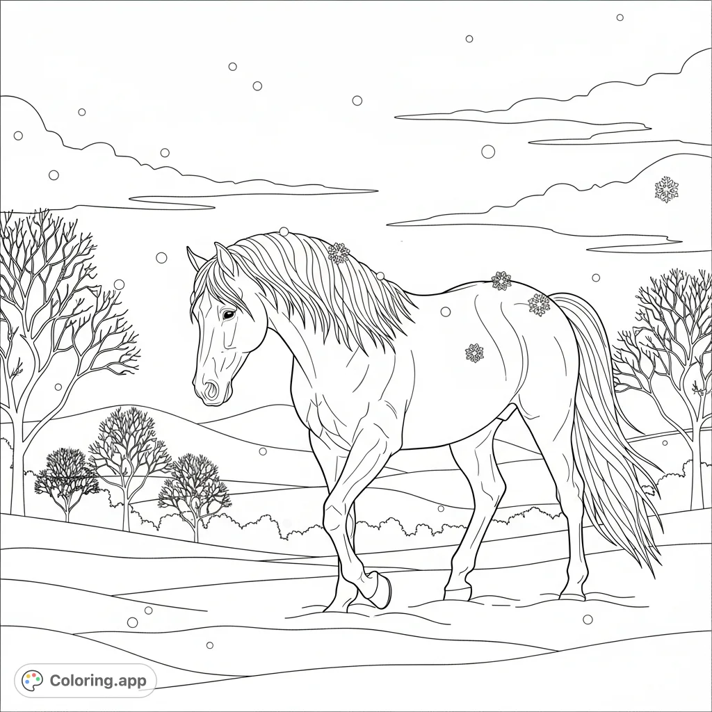 A majestic horse walking through a serene, snowy landscape with delicate flakes falling. Perfect for tranquil coloring.