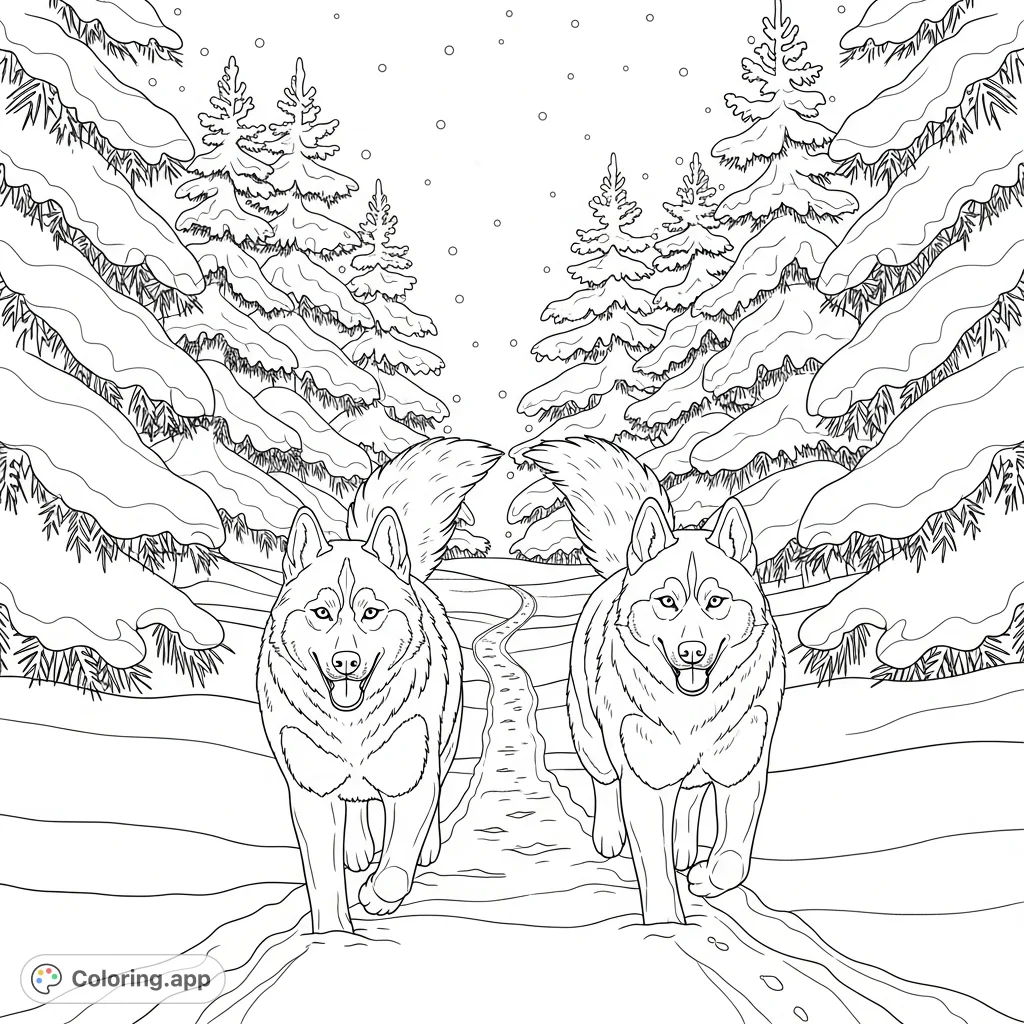 Experience the tranquility of winter with two majestic huskies trotting through a snowy forest. A serene scene for mindful coloring.