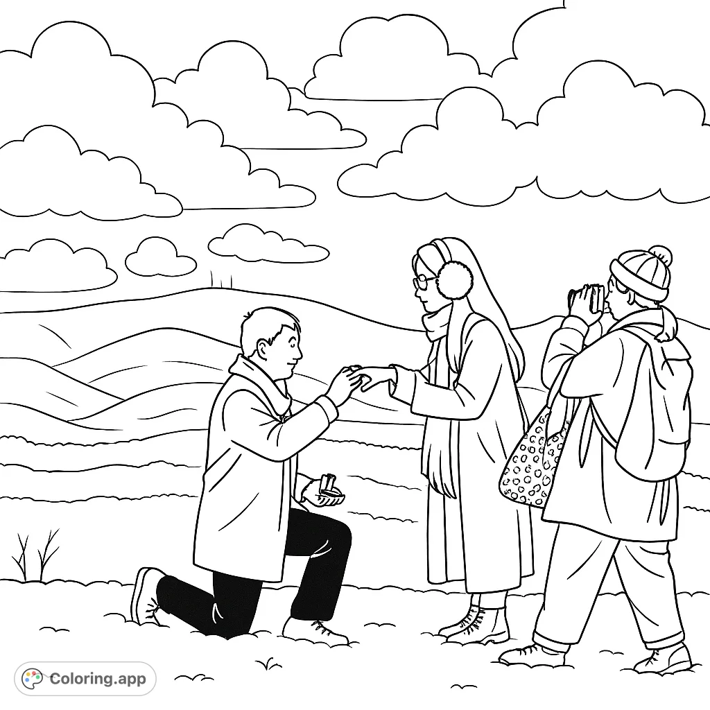 Capture a heartwarming winter proposal scene with a kneeling man, a surprised woman, and a photographer. A romantic free printable coloring page.
