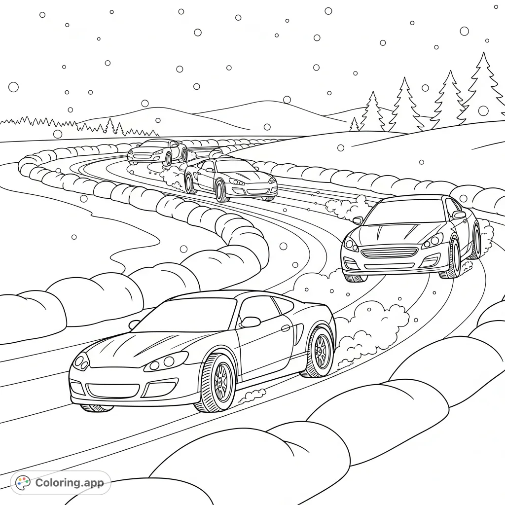 A thrilling winter coloring page featuring three cars with winter tires racing on a snowy track, framed by simplified snowbanks and distant evergreen trees.