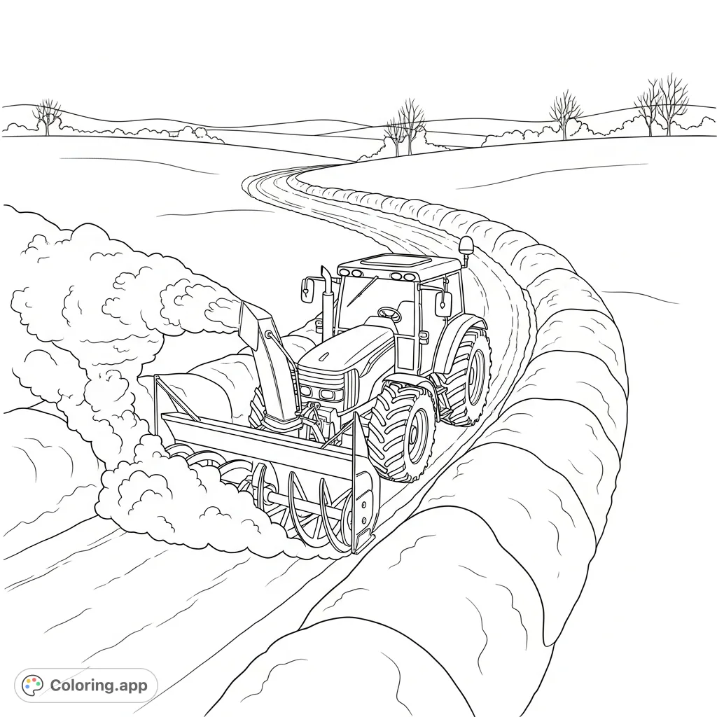 A detailed coloring page depicting a powerful tractor with a snowblower clearing a path, surrounded by soft, sweeping snowdrifts in a winter landscape.