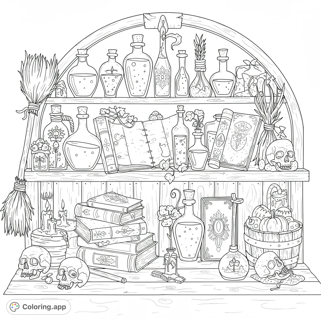 An intricate witch's potion shelf with various bottles, open spellbooks, skulls, and magical items. A free printable coloring page for all ages.