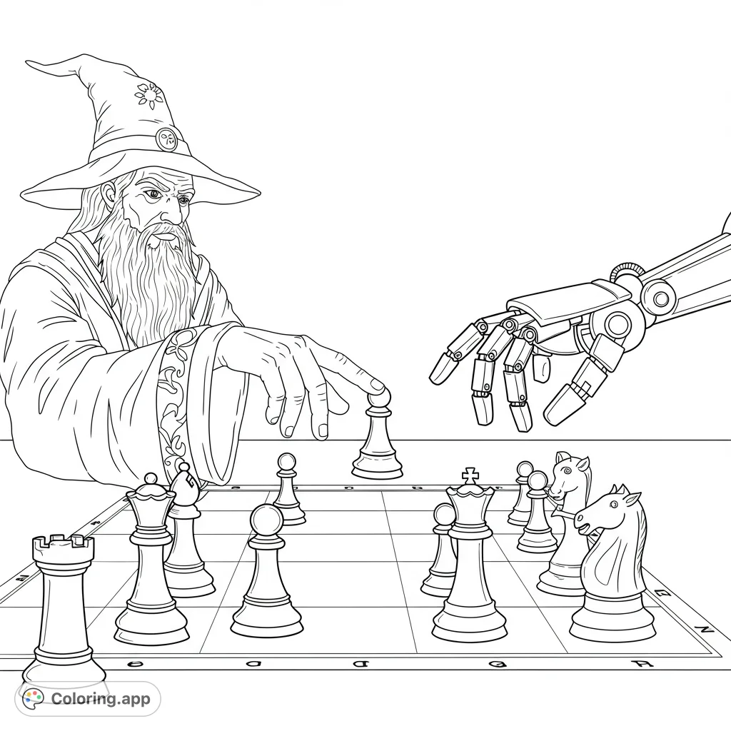 Epic fantasy vs. sci-fi chess battle featuring a wise wizard and a futuristic robot arm.