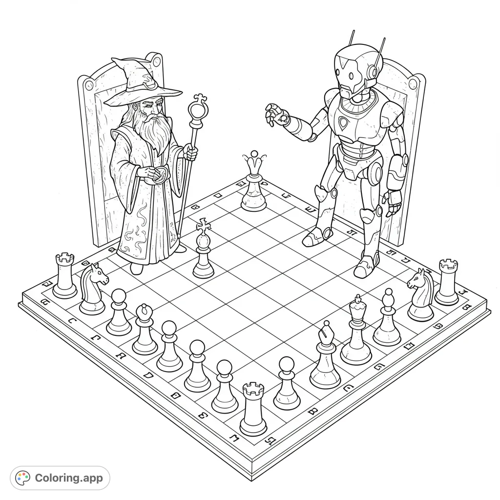 Epic wizard vs. robot chess match on a detailed board.