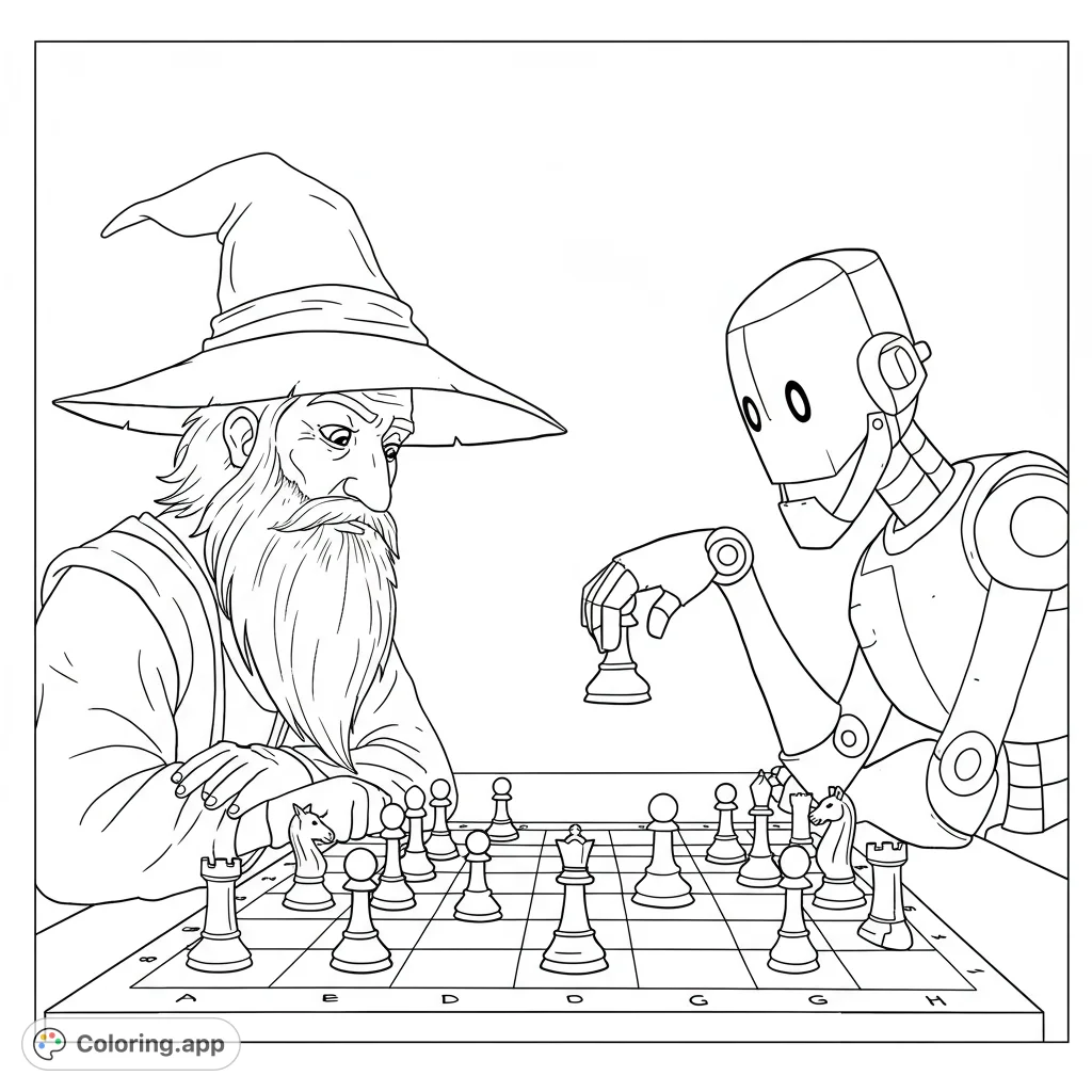 A captivating fantasy vs. sci-fi chess match featuring a wise wizard and a sleek robot.