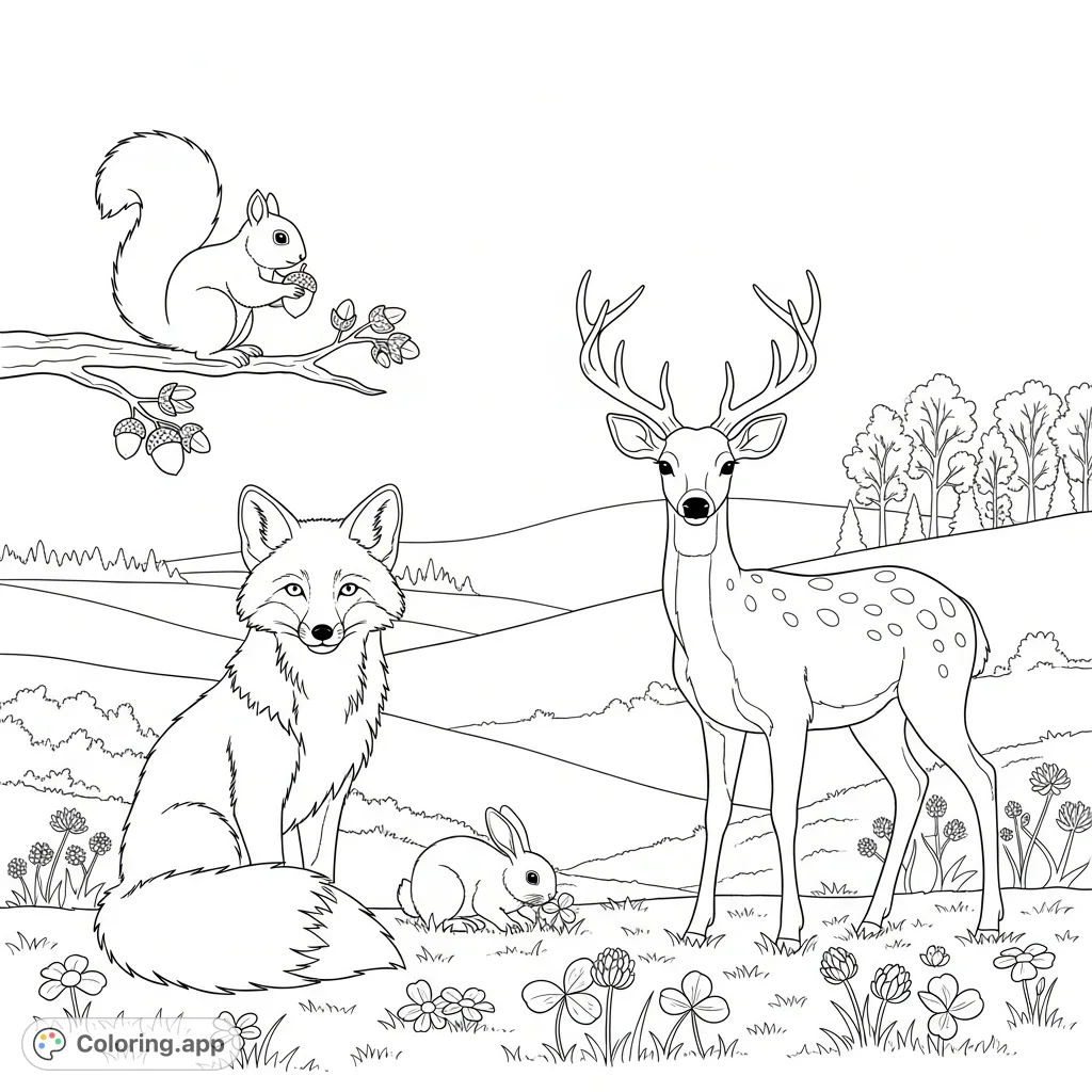 A heartwarming scene of woodland creatures—fox, deer, rabbit, and squirrel—peacefully coexisting in a serene meadow with a soft, natural backdrop.