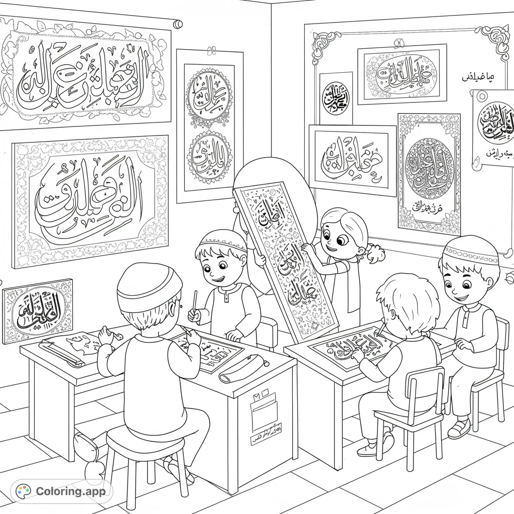 An engaging Islamic calligraphy classroom scene with children learning the art, surrounded by beautiful framed artworks. A free printable coloring page.