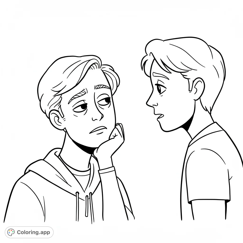 A thoughtful youth rests his chin while another speaks, capturing a moment of youthful dialogue. A free printable communication coloring page.