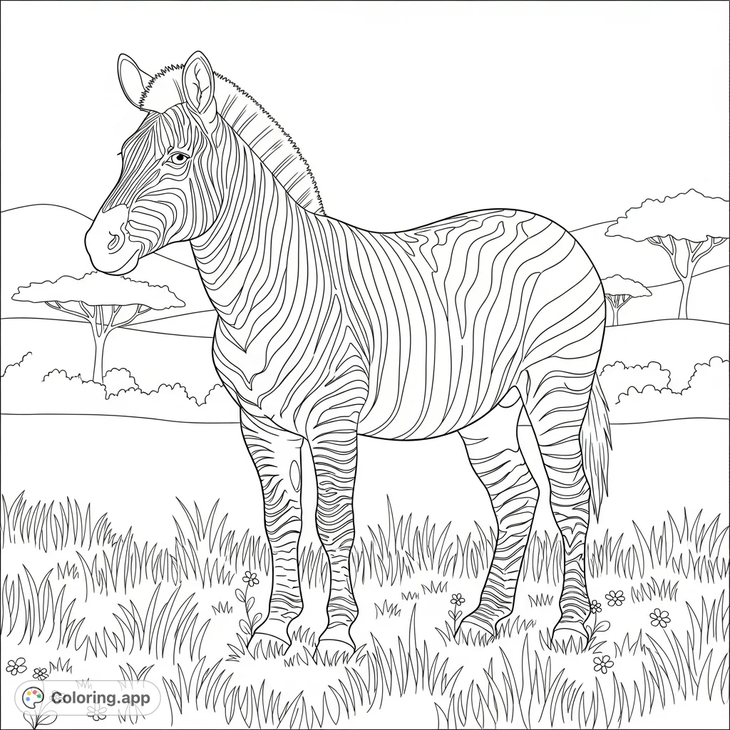 Color a majestic zebra standing in a grassy enclosure with rolling hills and distant trees, perfect for animal lovers and nature enthusiasts.