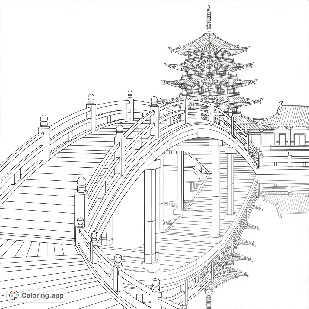 Color a serene scene featuring a gracefully curved wooden bridge over a still reflecting pool, with a majestic traditional pagoda silhouetted in the background.