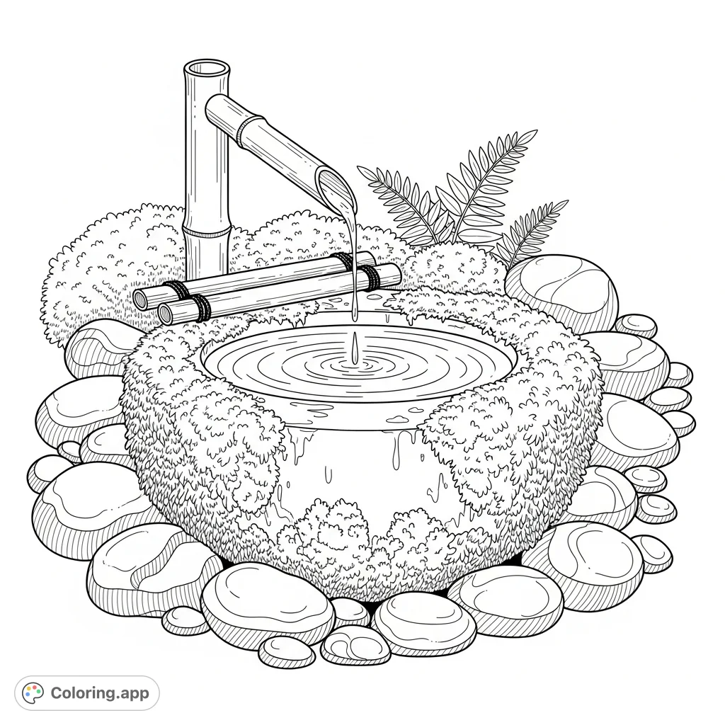 A tranquil Japanese tsukubai, a low stone basin with a bamboo spout dripping water, surrounded by mossy stones and delicate ferns in a serene garden.