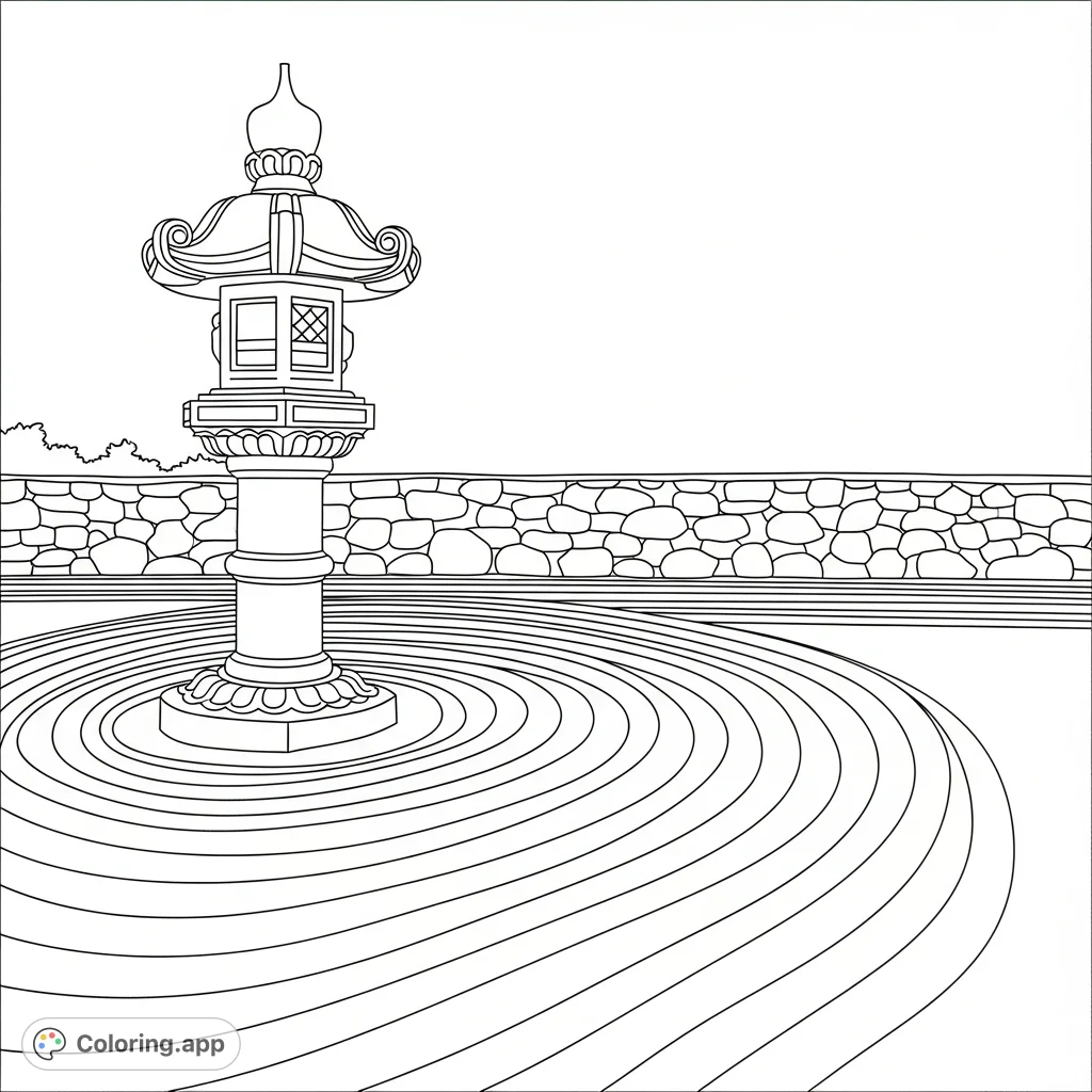 A tranquil coloring page featuring a traditional stone lantern next to a beautifully raked zen garden with intricate, flowing gravel patterns.