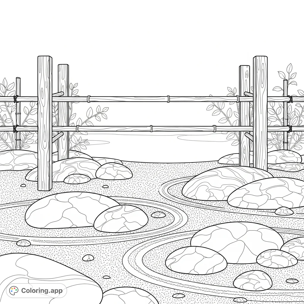 An intricate rock garden with varied stones and raked gravel, elegantly framed by sturdy wooden posts and delicate bamboo fencing, offering a serene scene.