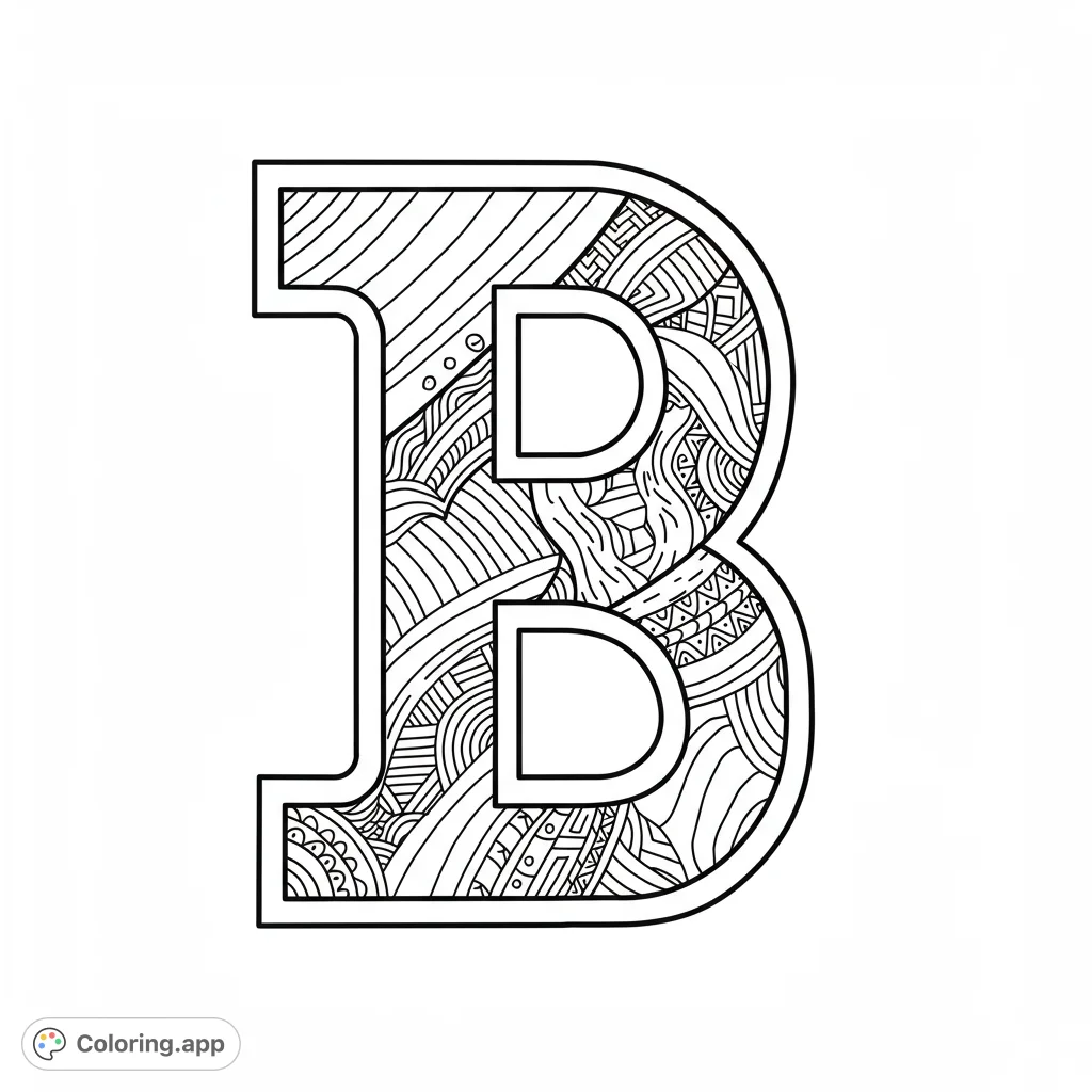 An intricate Zentangle alphabet B coloring page, filled with diverse patterns for a relaxing and creative experience. Free printable coloring page for adults and kids.