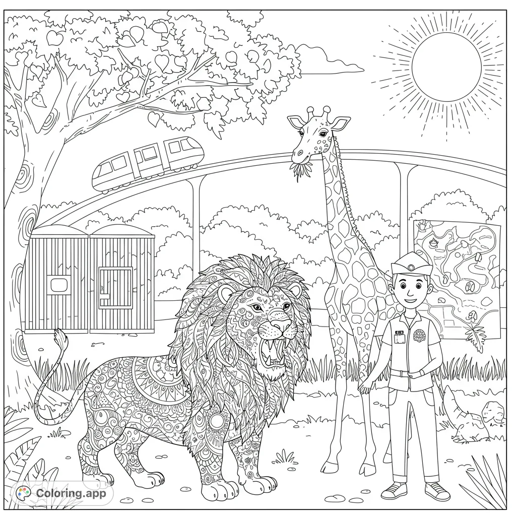 Explore a lively zoo scene featuring a majestic patterned lion, a tall giraffe, and a friendly zookeeper. Perfect for a free printable coloring page adventure!