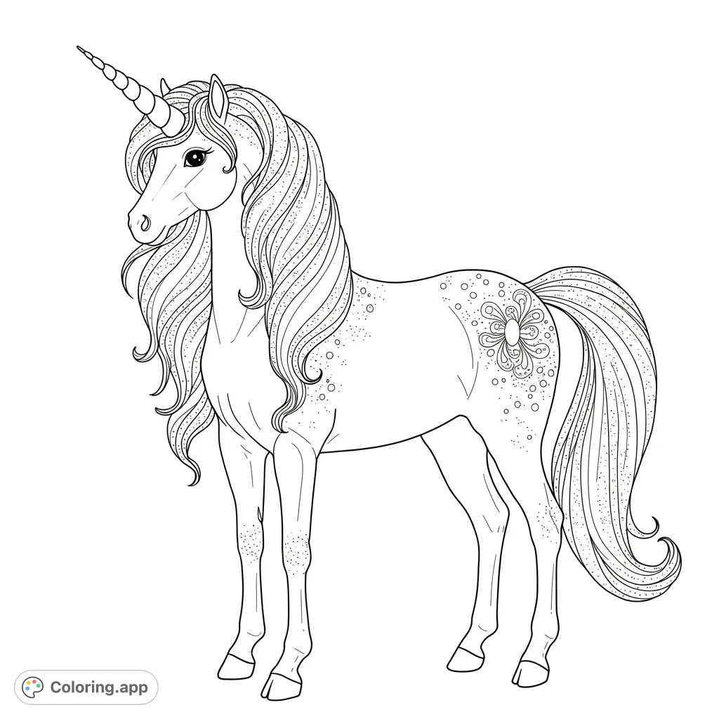 A majestic unicorn coloring page with a flowing mane, spiral horn, and intricate floral flank design. Perfect for magical coloring fun!