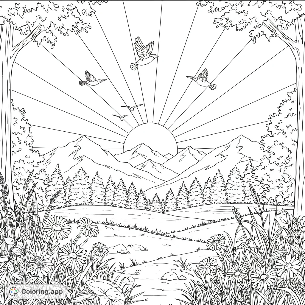 A beautiful nature landscape coloring page featuring a sunrise over mountains, a forest, a meadow with flowers, a stream, and birds in flight.