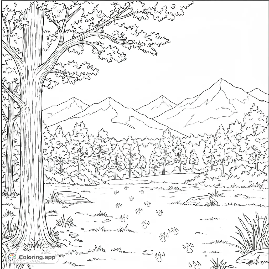 Explore a serene forest clearing with a majestic tree, distant mountains, and mysterious paw prints. A free printable nature coloring page for all ages.