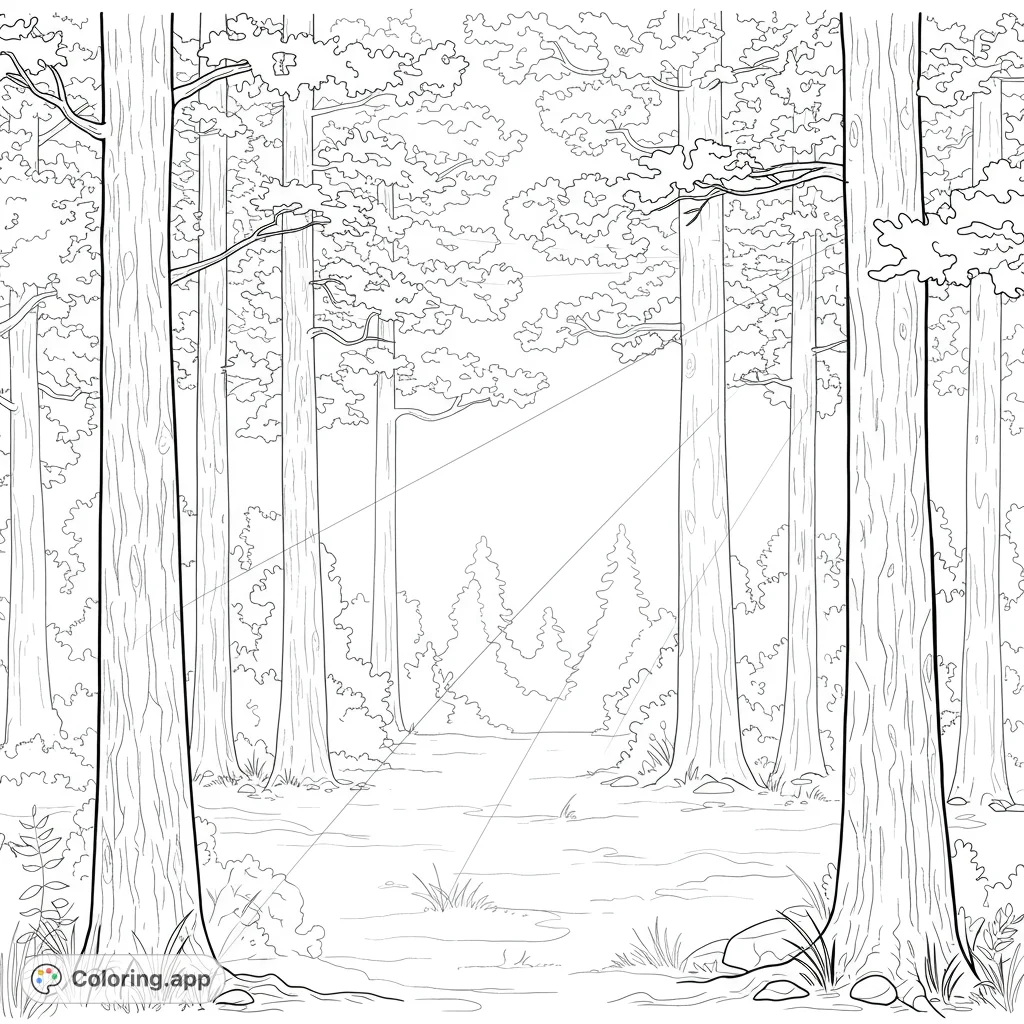 Explore a serene forest with towering trees and sunlit paths. A free printable nature coloring page for all ages.
