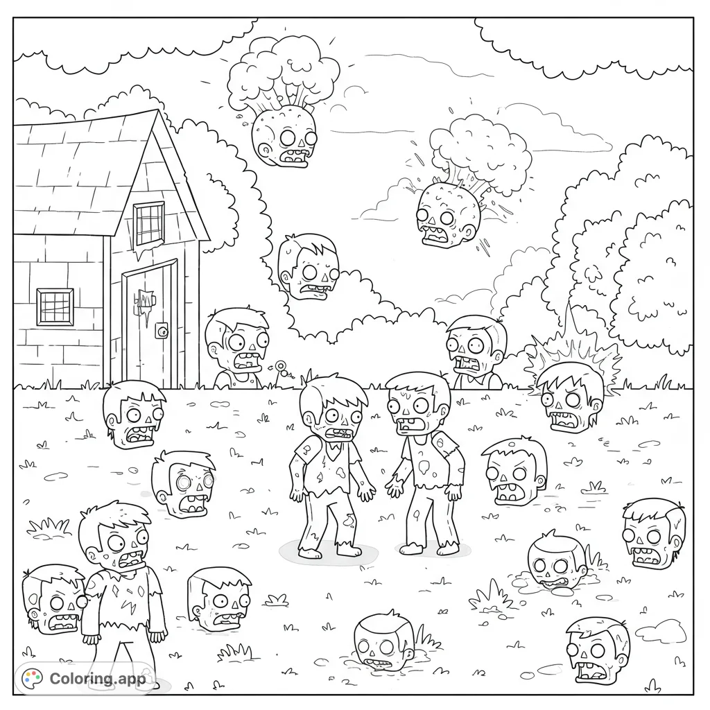 A fun, spooky zombie coloring page featuring a horde of cartoon zombies, some exploding, some emerging from the ground, around a house.