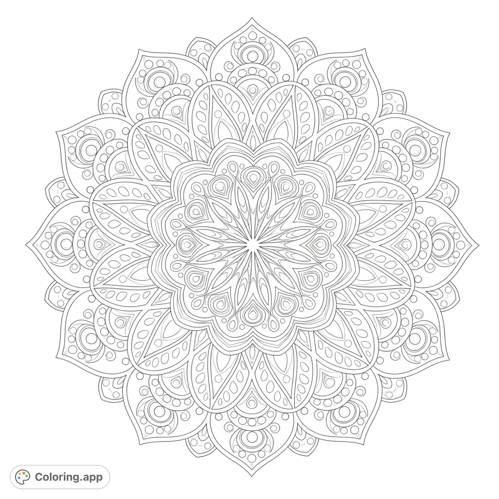 Detailed symmetrical mandala with intricate floral and geometric patterns, perfect for mindful coloring and relaxation. A free printable coloring page.