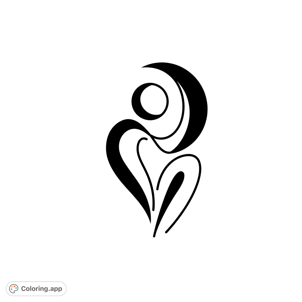 Discover this elegant abstract symbol coloring page, featuring a graceful flowing figure with a crescent and heart-like design. A free printable coloring page for all ages.