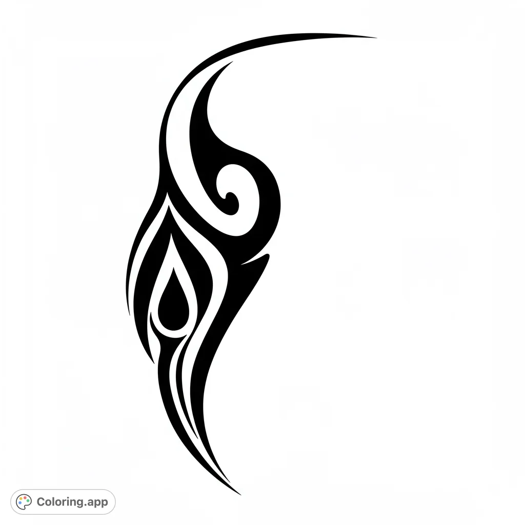 An intricate tribal design featuring bold swirls and flame-like elements. A free printable tribal coloring page for artistic expression and relaxation.