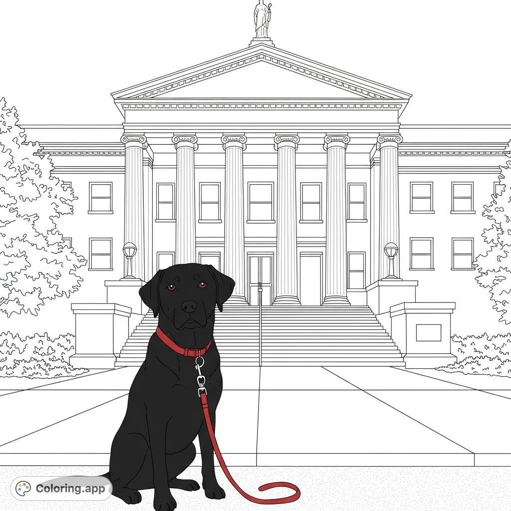 A loyal Labrador sits patiently before a grand classical building, ready for adventure. A free printable dog coloring page for all ages.