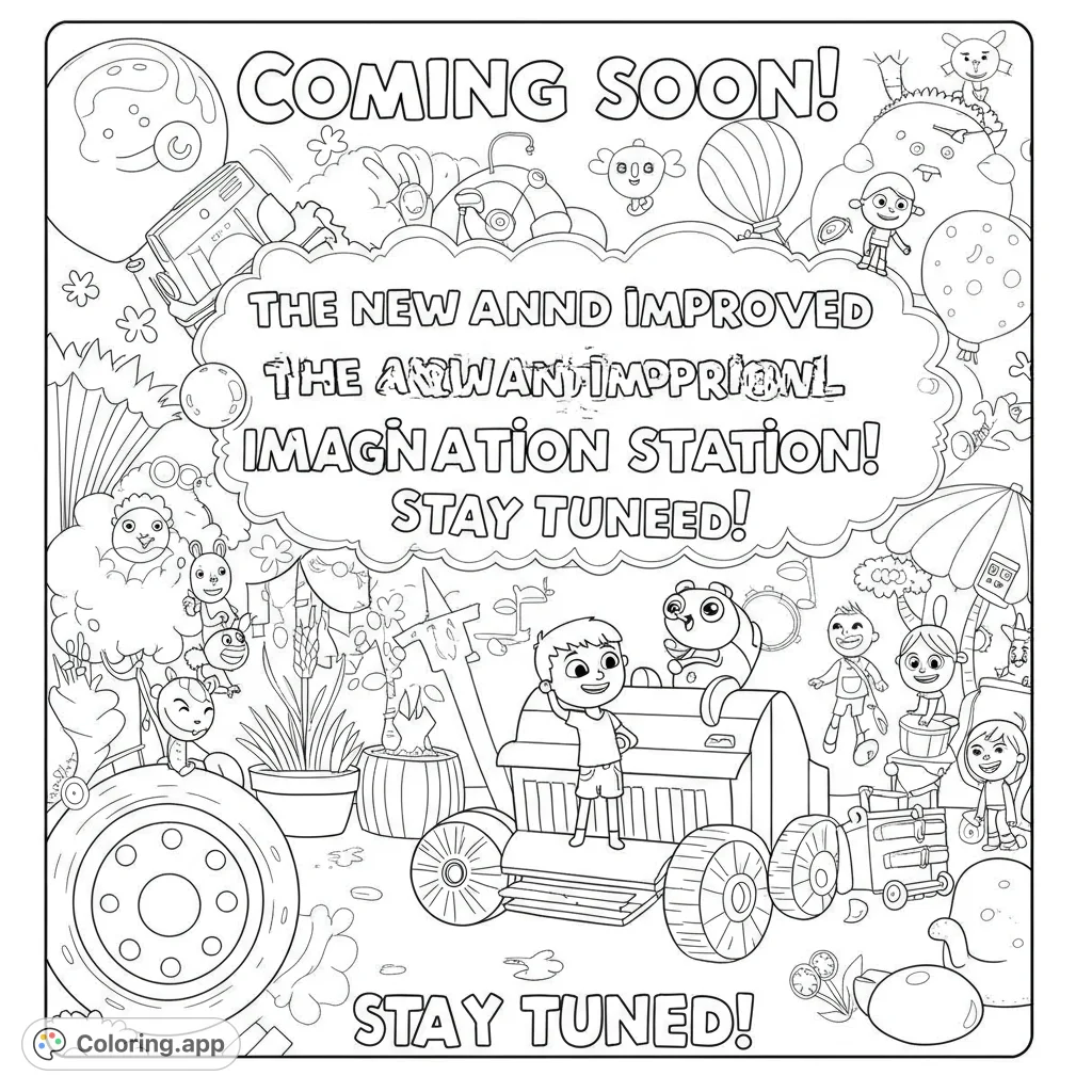 Explore a whimsical imagination station coloring page featuring a boy on a fantastical vehicle surrounded by playful creatures and dreamlike elements.