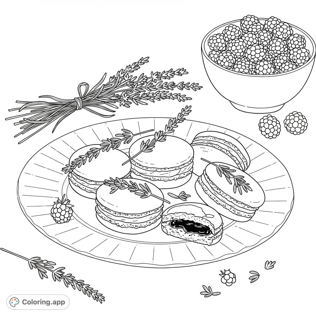 A charming free printable coloring page featuring delicate macarons, fragrant lavender, and fresh raspberries. Perfect for sweet treat and floral enthusiasts.
