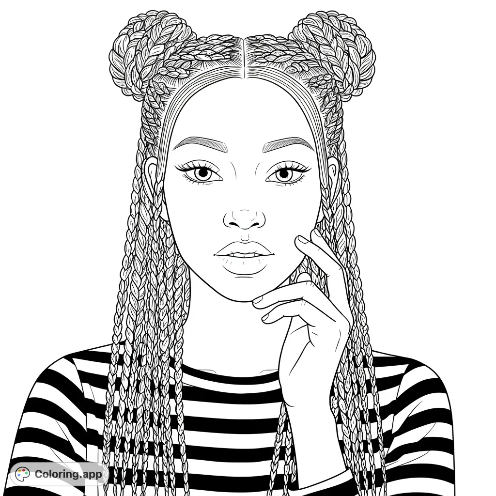 A captivating portrait of a woman with intricate box braids and a striped shirt, perfect for a free printable coloring page.